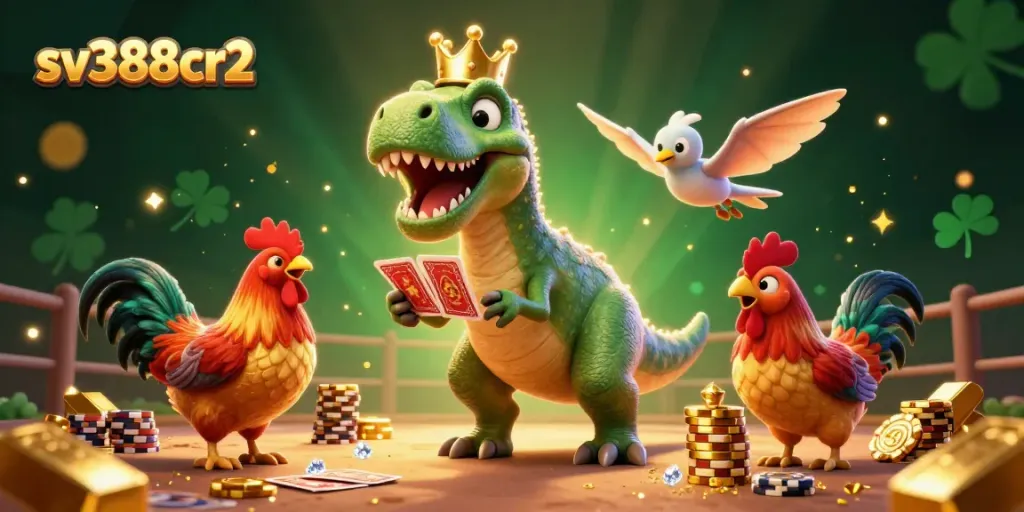 Experience the thrill of sv388cr2 cockfighting with vibrant characters showcasing cards, chips, and excitement in a rich 3D scene.