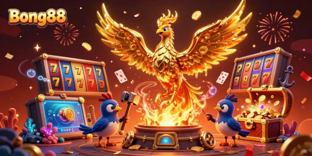 Bong88 brings luck with a molten golden phoenix surrounded by dynamic slot game elements.