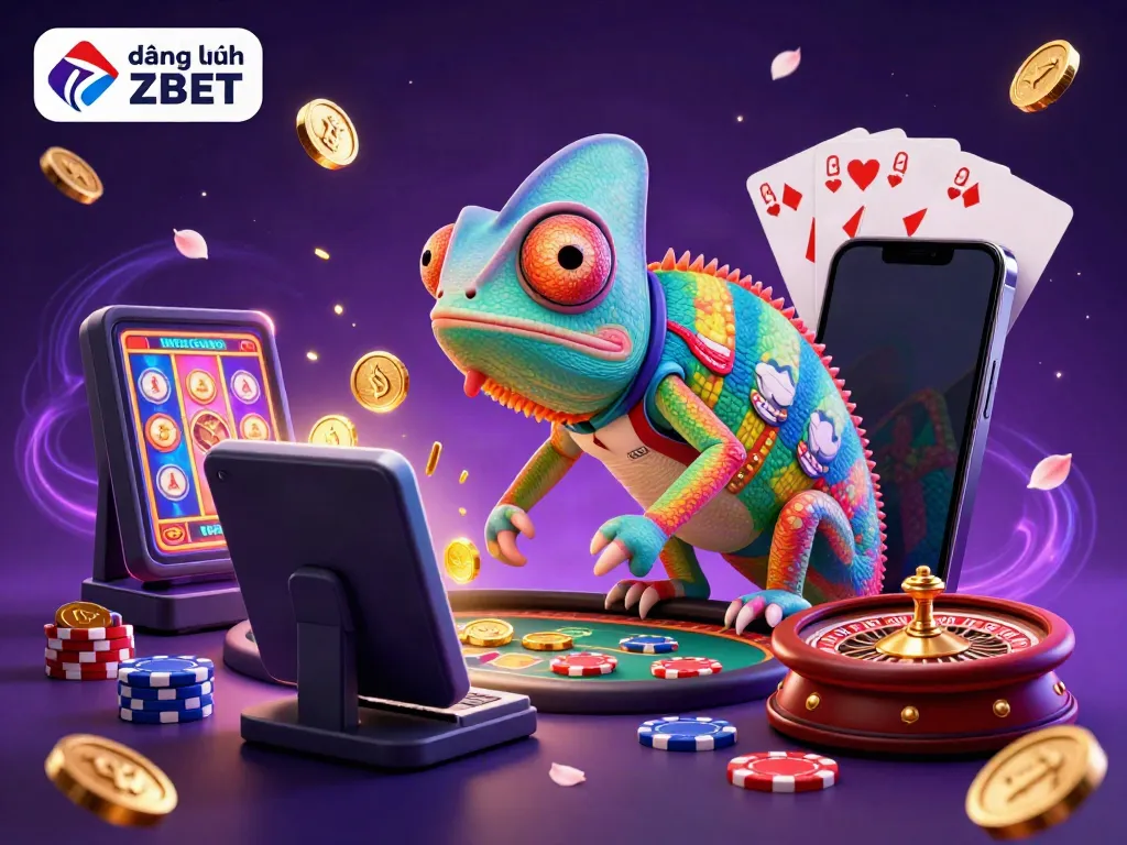 Engage with the colorful casino atmosphere in a vibrant 3D scene showcasing đăng nhập ZBET, featuring a chameleon owner and exciting game elements.