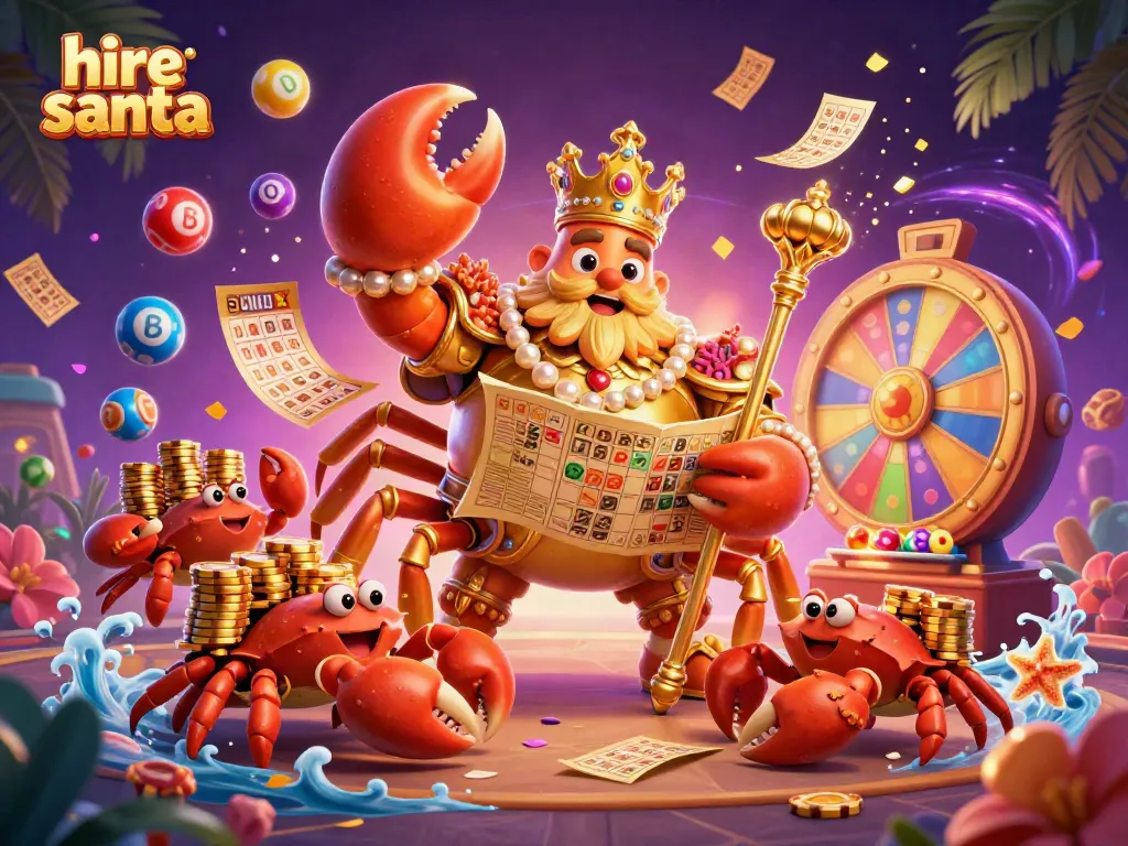Hire Santa with vibrant lottery elements and a golden crab emperor in an energetic gaming scene