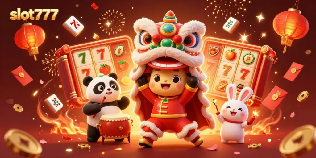 Experience the thrill of slot777 gameplay with festive characters in a colorful casino scene.