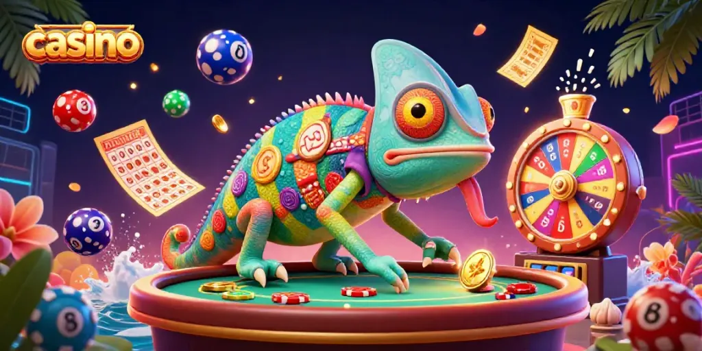 Dynamic casino illustration featuring a chameleon owner amidst colorful gambling elements.