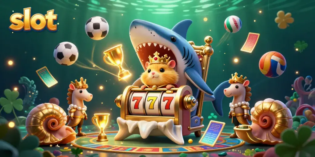 Slot permainan terus berputar di bawah laut dengan karakter kasino fantastik dalam ilustrasi penuh warna.