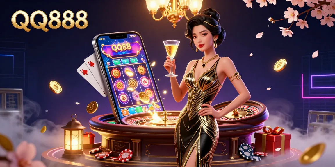 Experience the excitement of QQ888 with vibrant slot games and glamorous casino elements.