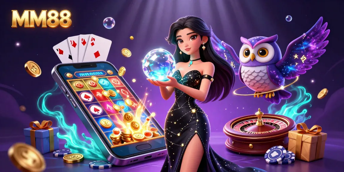 Experience the excitement of MM88 with a vibrant scene showcasing gaming elements and a mystical atmosphere.