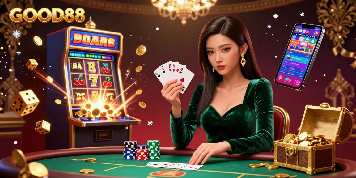 Engage with the thrilling world of GOOD88 at a luxury poker table, as a beautiful Asian woman plays cards surrounded by dazzling gaming effects.