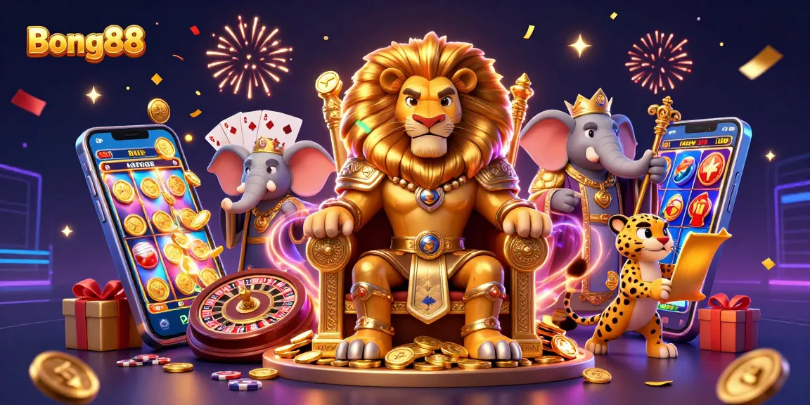 Engage in thrilling gameplay at Bong88 as a cartoon lion king rules with excitement and adventure.