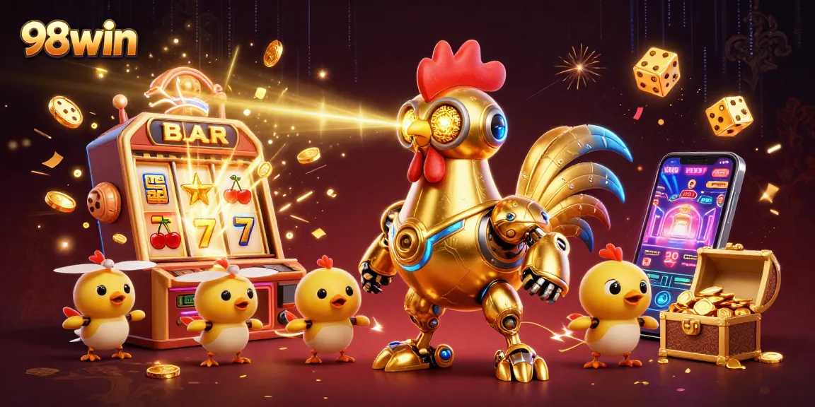 Engage with 98win's lively gaming atmosphere featuring a golden rooster robot and dynamic casino elements.