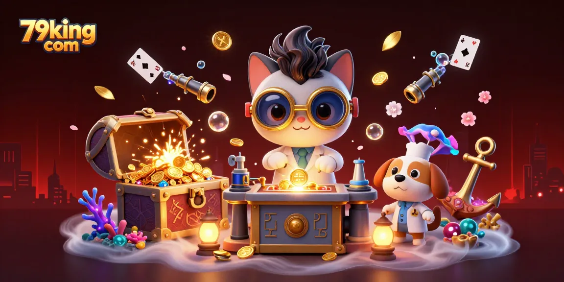 Join the adventure at 79king com with a vibrant scene of a mad scientist cat and his assistant amidst casino treasures.
