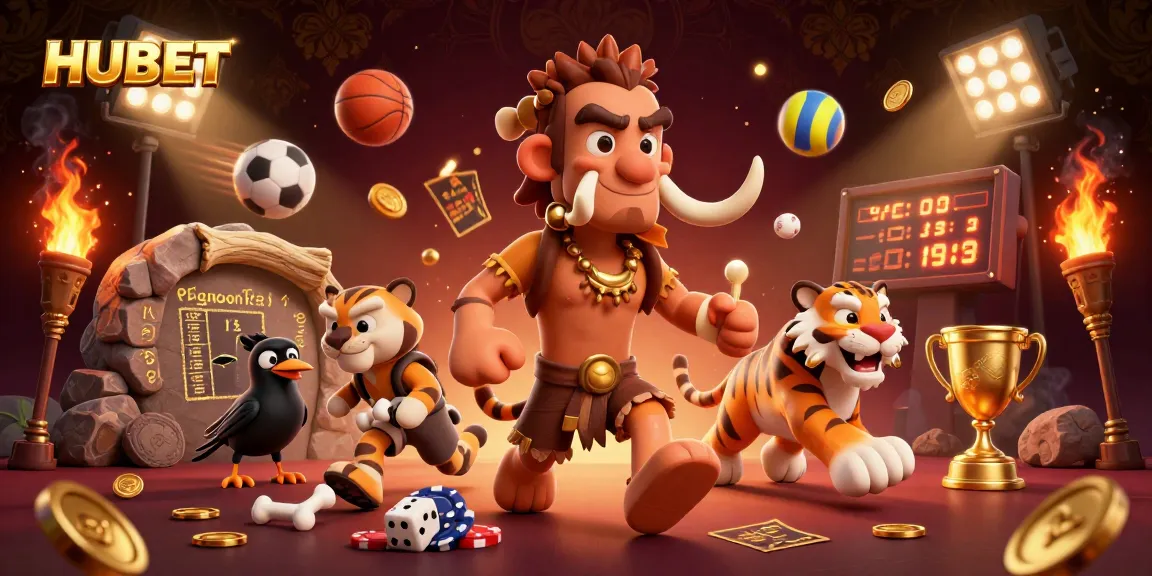 HUBET enhances the excitement of betting with a dynamic casino scene featuring caveman and tiger characters.