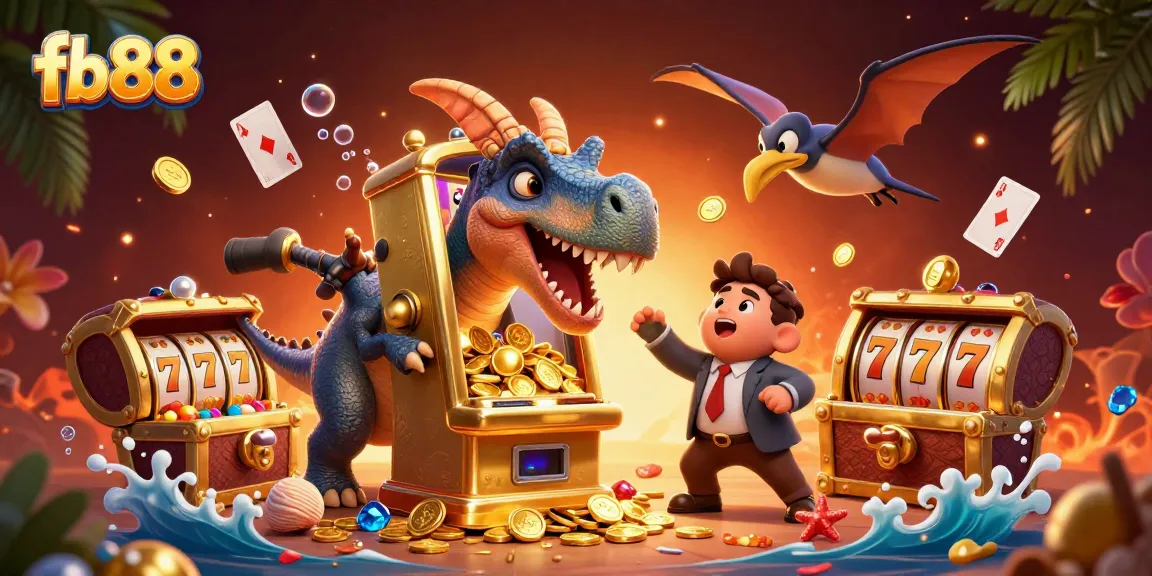 Experience thrilling wins at fb88 with a colorful illustration of a dinosaur and casino action.