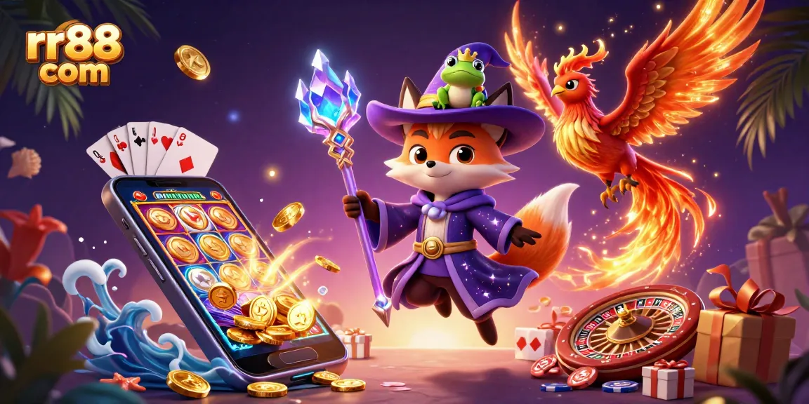 Exciting gameplay at rr88 com featuring a vibrant 3D wizard fox, phoenix, and casino elements.