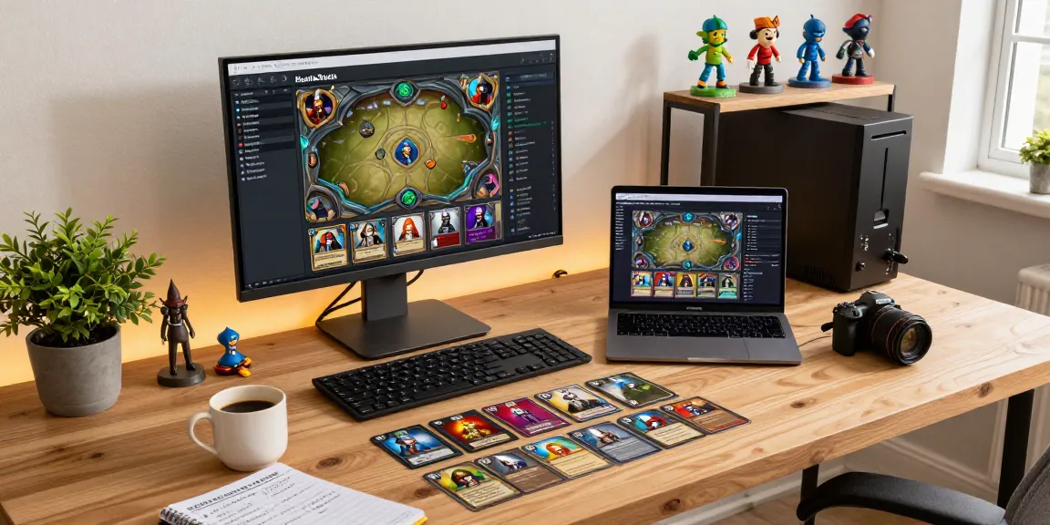 Hearthstats net news insights displayed on a gaming monitor in a cozy home office setting.