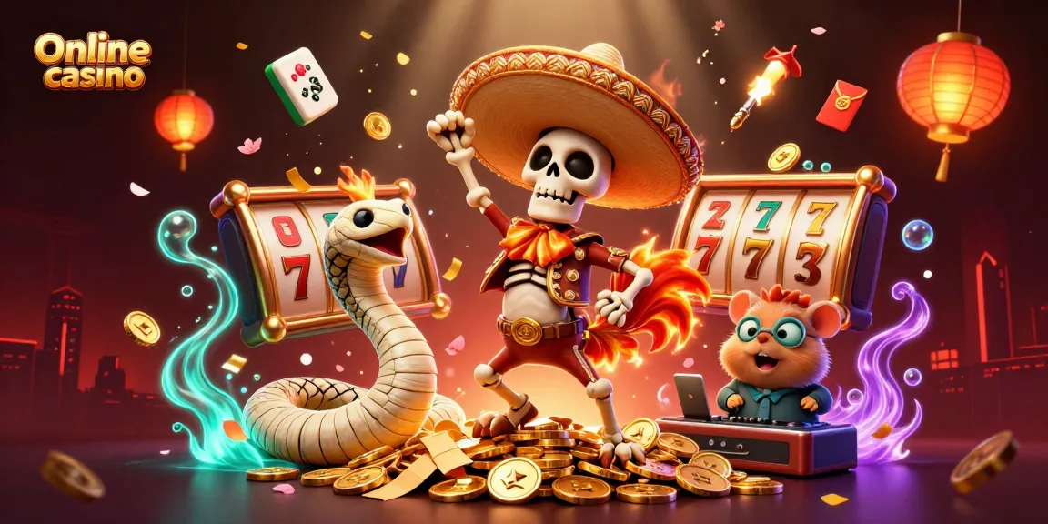 Online casino celebration scene featuring a joyful mariachi rooster and casino elements