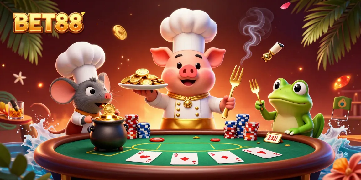 BET88 showcases an exciting casino scene with characters engaged in poker and gaming activities.