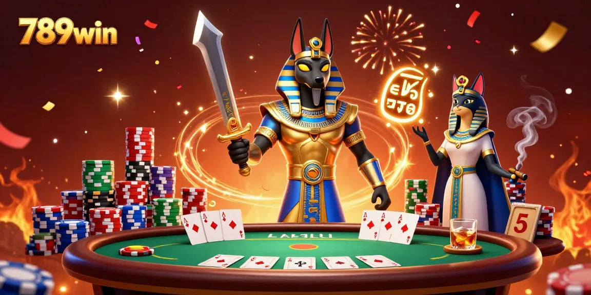 Experience 789win's dynamic casino scene with Anubis and Bastet amid poker excitement.