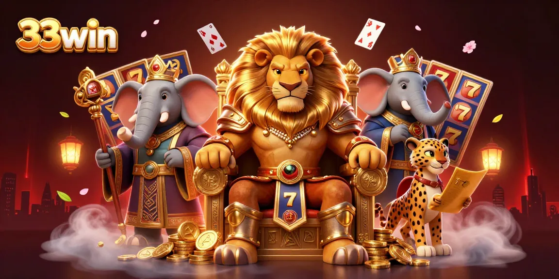 Win big at 33win with the lion king, advisor, and messenger in a vibrant casino scene.