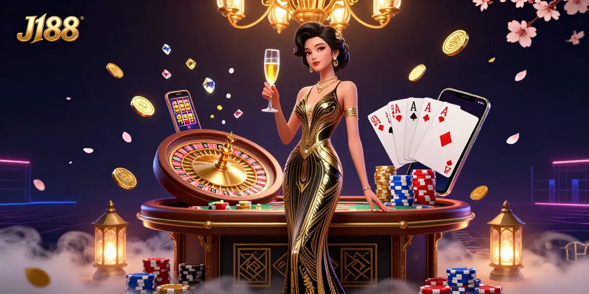 Experience the thrill of J188 with dynamic casino elements and elegant designs in this rich illustration.