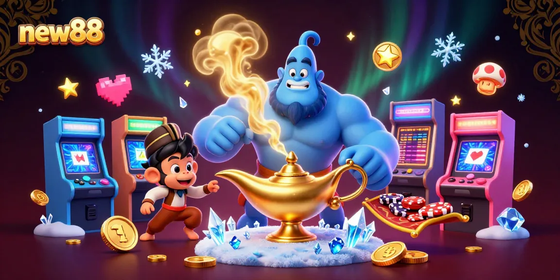 Experience the excitement of new88 with a vibrant 3D casino illustration featuring characters, game machines, and poker chips.