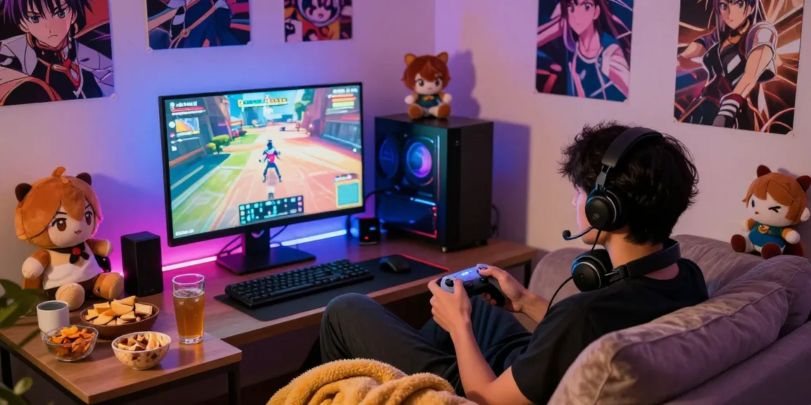 Player enjoying a hentai game on a cozy couch with snacks and colorful LED lights.