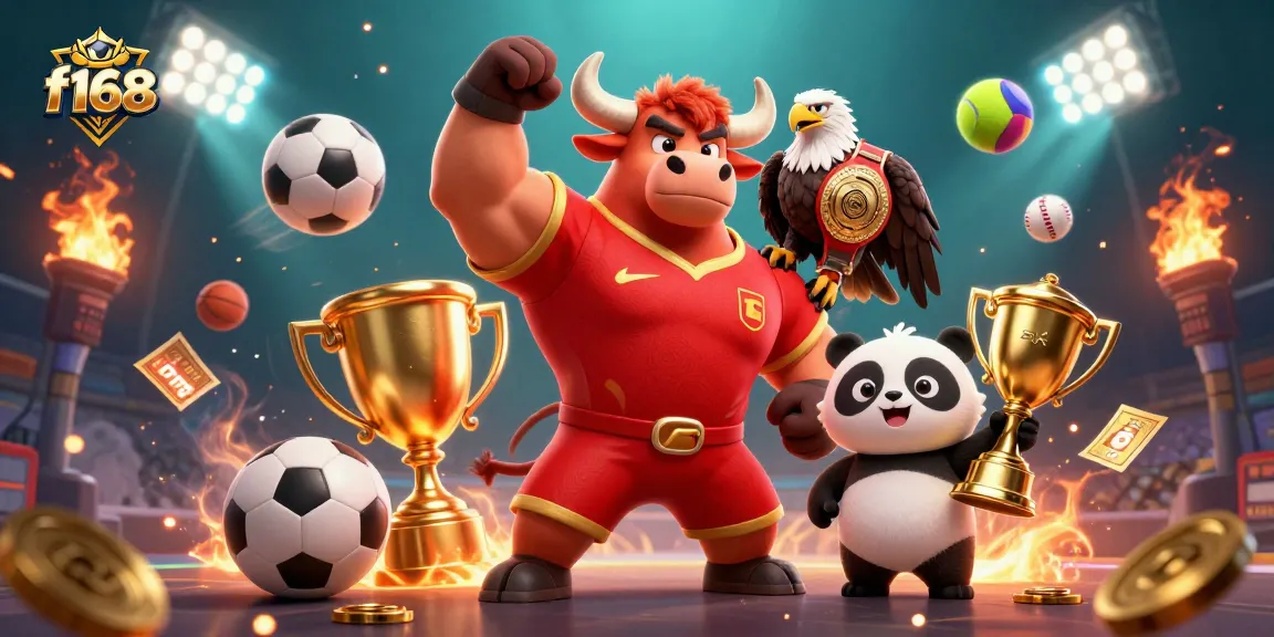 Engage with f168's dynamic gambling scene featuring winnings, sports elements, and lively mascots.