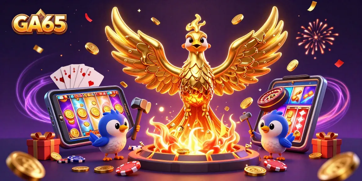 Experience GA65 with a vivid illustration of a molten phoenix and gaming elements.