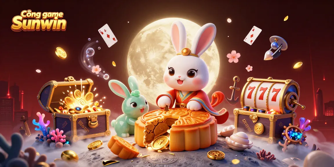 Cổng game Sunwin showcases an enchanting scene featuring a moon rabbit and jade companion amidst vibrant casino elements.