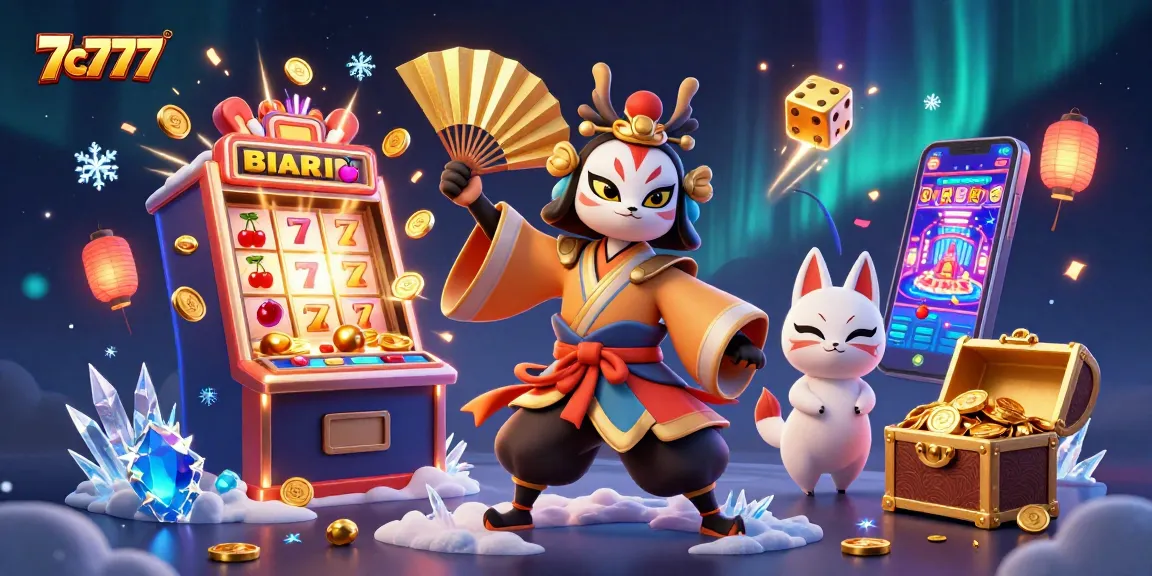 7c777 bursts with excitement as a kabuki warrior and kitsune mask celebrate the jackpot wins.