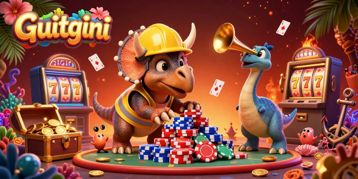 Cheerful triceratops builds poker chip pyramid in a lively Guitgini casino scene with vibrant graphics.