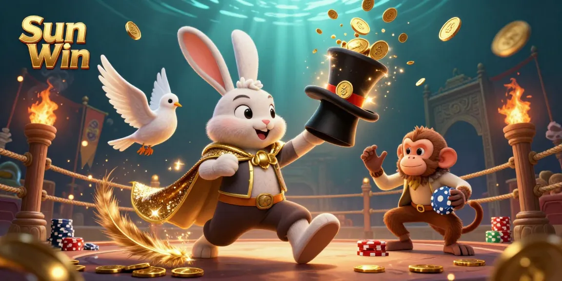 Experience thrilling action at Sun Win, where a magician rabbit shares golden coins while engaging players in a vibrant casino setting.
