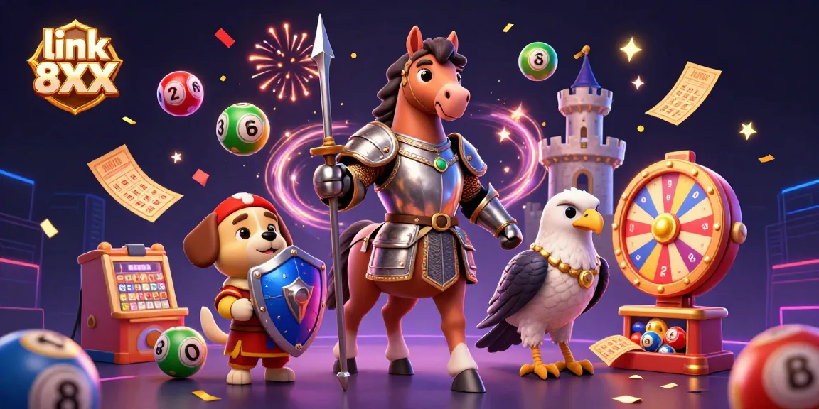 Engage in vibrant gaming with link 8XX amidst lively lottery elements and dynamic characters in a festive atmosphere.