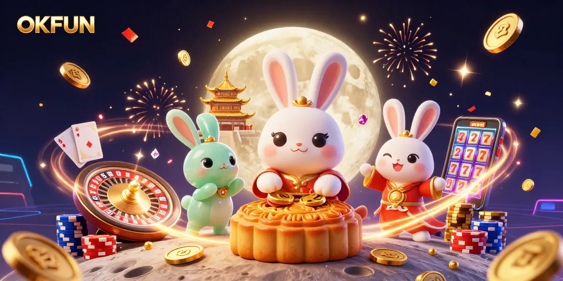 Engage with OKFUN's thrilling casino adventure featuring a moon rabbit plying gaming treasures.