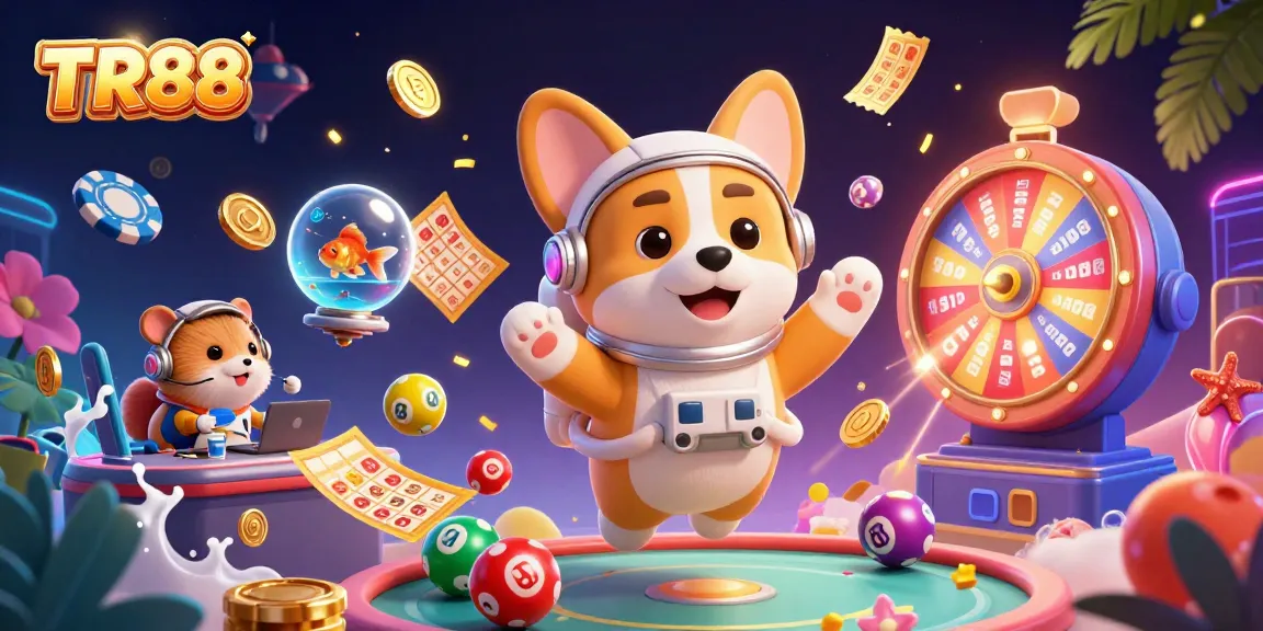 Win big with TR88: A thrilling scene of a corgi astronaut in a cosmic casino with vibrant lottery elements.