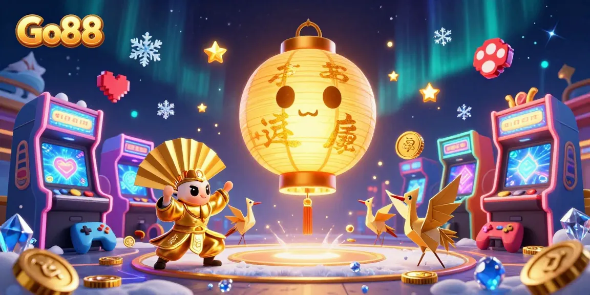 Engage with Go88's vibrant 3D casino world featuring a golden lantern spirit above dynamic gaming elements.