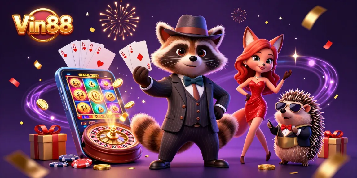 Engage with slots and games at Vin88 in a vibrant casino scene featuring lively characters.
