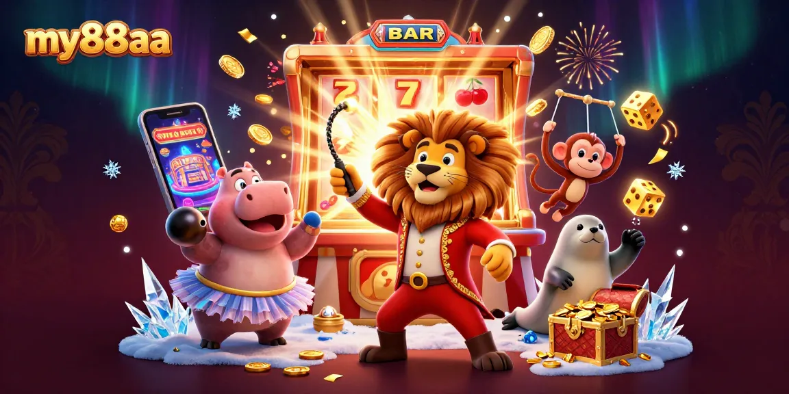 Play slots and jackpots at my88aa with a vibrant circus-themed 3D casino illustration featuring lively characters and dynamic game elements.