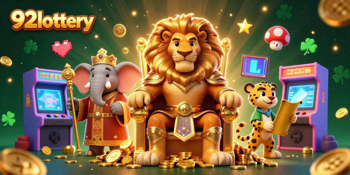 Experience the excitement of 92lottery with a majestic lion king and lively gaming elements.