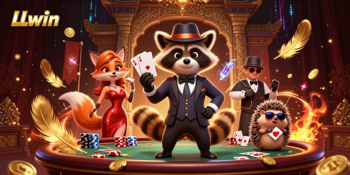 LLwin showcases a suave raccoon with a royal flush accompanied by a glamorous fox and hedgehog bouncer in a lively casino scene.