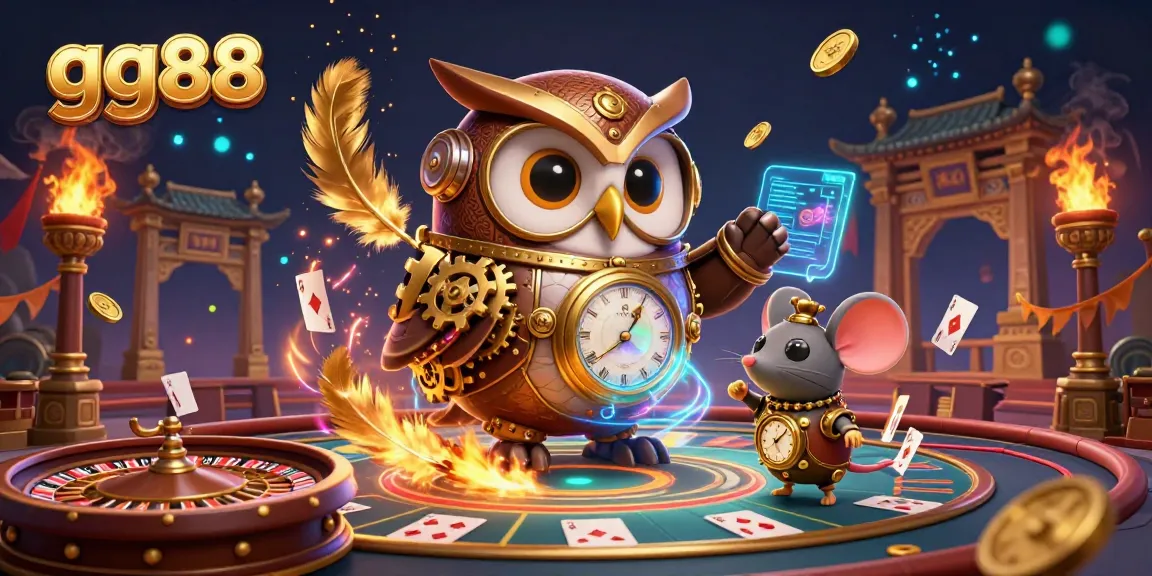 Engage in a vibrant live casino experience with gg88, featuring a time-traveling owl and a clockwork mouse in a rich 3D scene.