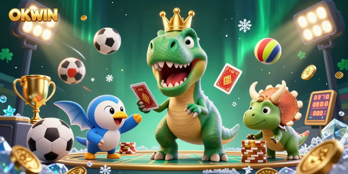 OKWIN features a friendly T-Rex shuffling cards as a pterodactyl assists, all surrounded by dynamic sports elements.