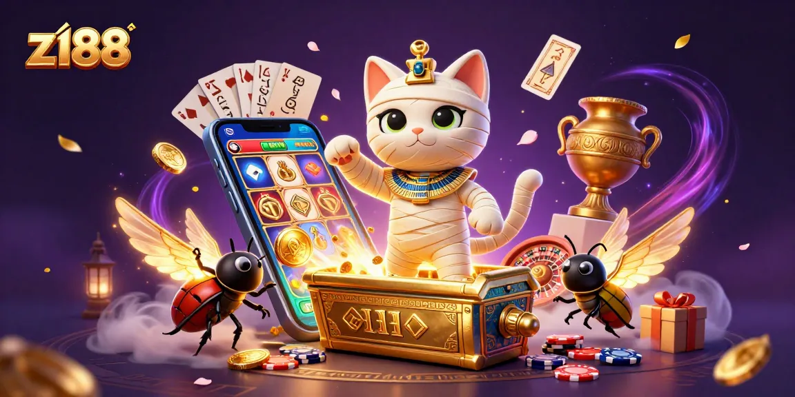 Experience the thrill of z188 as the mummy cat brings luck and fun in a vibrant casino scene.