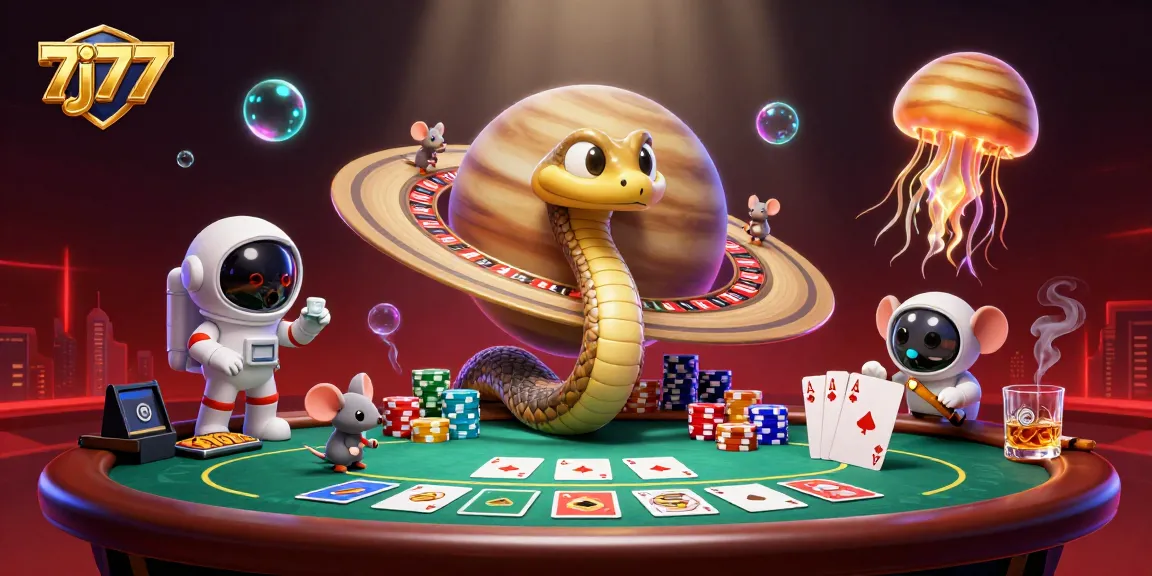 7j77 players wager at a cosmic roulette wheel with cartoon characters, dramatic poker scene