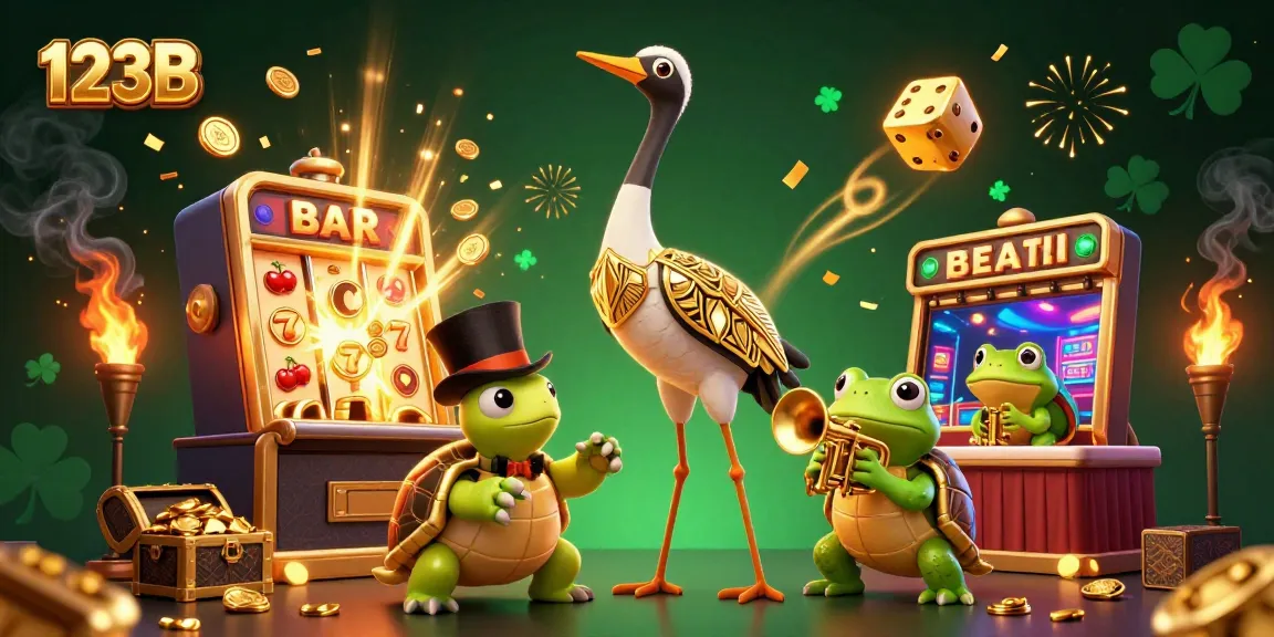 Experience thrilling wins at 123B with vivid slot machines and lively characters in a colorful casino scene.