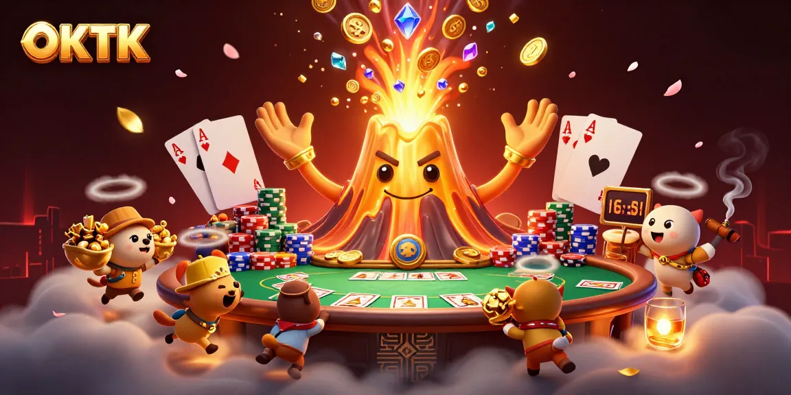 Players celebrate wins at OKTK with cartoon volcano and poker elements in vibrant casino scene