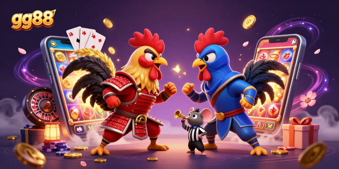 Engage in exciting betting action with GG88's dynamic casino-themed illustration showcasing roosters and gambling elements.