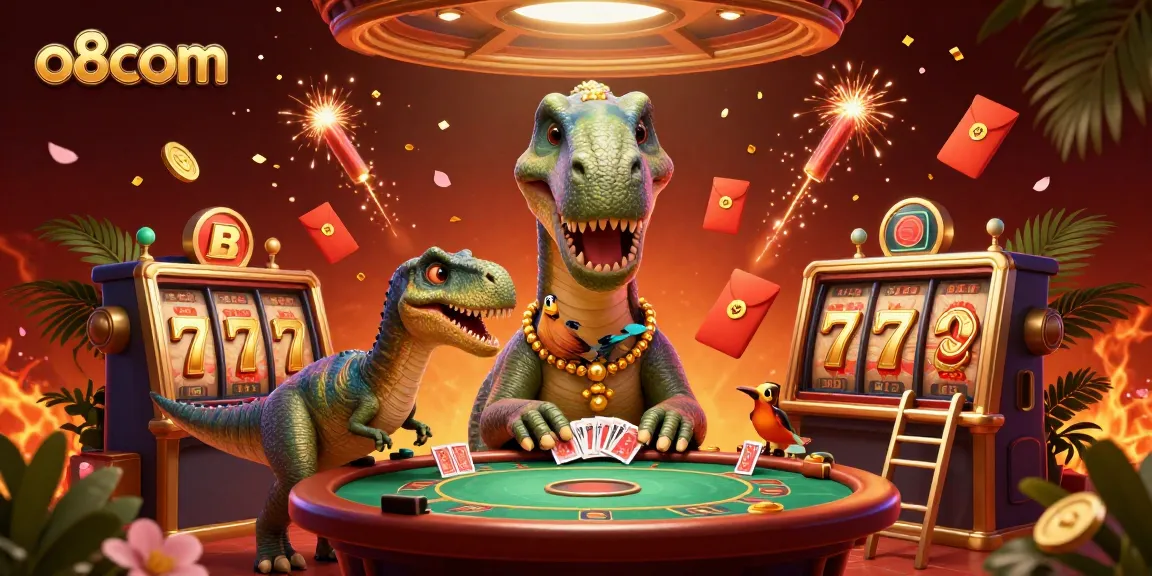 Score big at o8com with vibrant casino action featuring a giant dinosaur and exciting slot games.