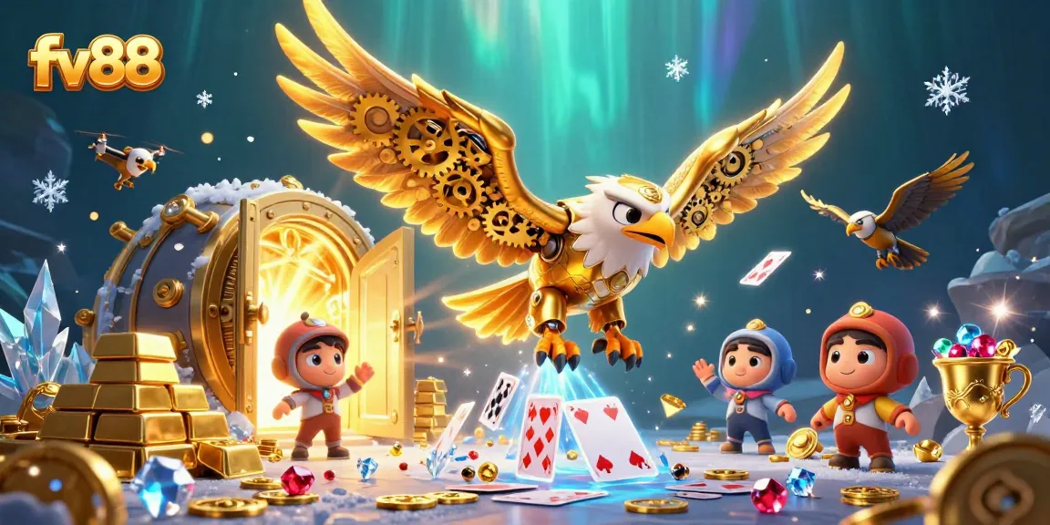 Experience excitement with fv88's captivating golden eagle soaring through holographic cards.