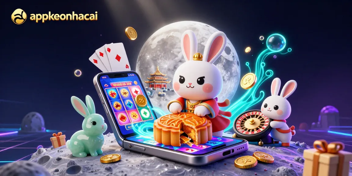 Bet on appkeonhacai as the moon rabbit reveals poker chips in a vibrant 3D casino scene.