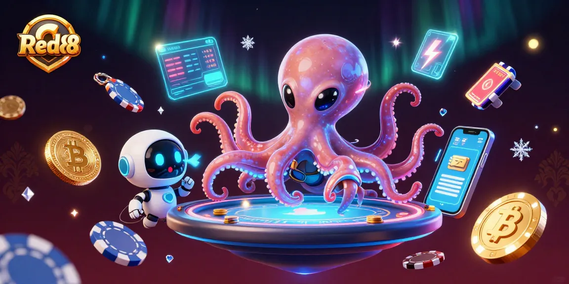 Engage with Red88's thrilling casino experience featuring a dynamic illustration with an alien octopus and futuristic poker elements.
