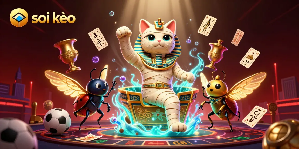 Soi kèo sports betting scene with an Egyptian mummy cat and scarab beetle amidst floating playing cards.
